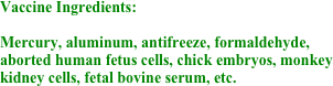 Vaccine Ingredients:

Mercury, aluminum, antifreeze, formaldehyde, aborted human fetus cells, chick embryos, monkey kidney cells, fetal bovine serum, etc.